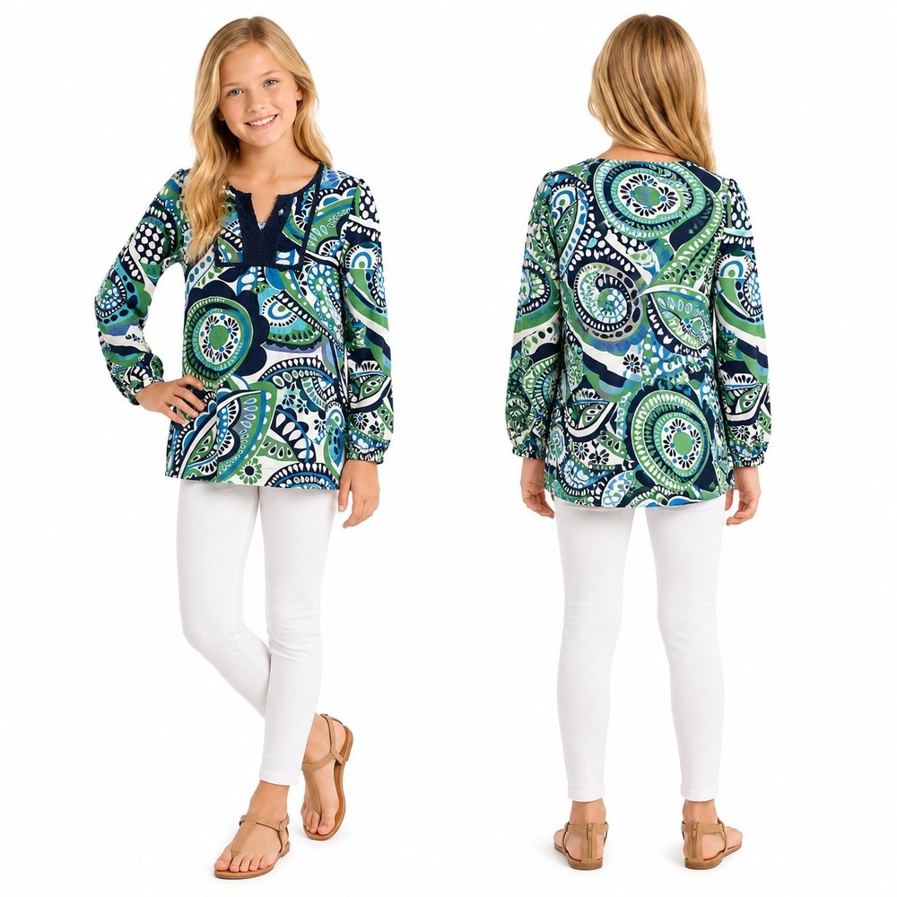 Gap Tunic Top Girls Large 10‎ Green Blue Paisley Boho Split Neck Crochet Trim